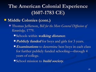 The American Colonial Experience (1607-1783 CE) Middle Colonies (cont.) Thomas Jefferson,  Bill for the More General Diffusion of Knowledge,  1779.  Schools within  walking distance . Publicly funded  for boys and girls for 3 years. Examinations  to determine best boys in each class for further publicly funded schooling—through 4 years of college. School mission to  build society . 