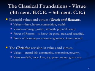 The Classical Foundations - Virtue  (4th cent. B.C.E. – 5th cent. C.E.) Essential values and virtues ( Greek and Roman ). Values—fame, honor, competition, wealth. Virtues—courage, justice, strength, physical beauty. Power of Reason—to know the good, true, and beautiful. Power of Learning—overcome ignorance, know oneself. The  Christian  revision in values and virtues. Values—eternal life, community, conversion, poverty. Virtues—faith, hope, love, joy, peace, mercy, generosity. 