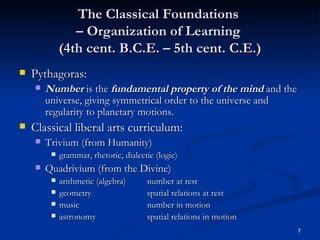 The Classical Foundations  – Organization of Learning  (4th cent. B.C.E. – 5th cent. C.E.) Pythagoras: Number  is the  fundamental property of the mind  and the universe, giving symmetrical order to the universe and regularity to planetary motions. Classical liberal arts curriculum: Trivium (from Humanity)  grammar, rhetoric, dialectic (logic) Quadrivium (from the Divine) arithmetic (algebra) number at rest geometry spatial relations at rest music number in motion astronomy spatial relations in motion 