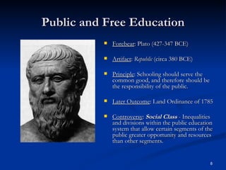Public and Free Education Forebear : Plato (427-347 BCE) Artifact :  Republic  (circa 380 BCE) Principle : Schooling should serve the common good, and therefore should be the responsibility of the public. Later Outcome : Land Ordinance of 1785 Controversy :  Social Class  - Inequalities and divisions within the public education system that allow certain segments of the public greater opportunity and resources than other segments.  