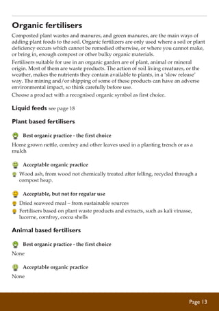 Organic fertilisers
Composted plant wastes and manures, and green manures, are the main ways of
adding plant foods to the soil. Organic fertilizers are only used where a soil or plant
deficiency occurs which cannot be remedied otherwise, or where you cannot make,
or bring in, enough compost or other bulky organic materials.
Fertilisers suitable for use in an organic garden are of plant, animal or mineral
origin. Most of them are waste products. The action of soil living creatures, or the
weather, makes the nutrients they contain available to plants, in a ‘slow release’
way. The mining and/or shipping of some of these products can have an adverse
environmental impact, so think carefully before use.
Choose a product with a recognised organic symbol as first choice.

Liquid feeds see page 18
Plant based fertilisers
	 Best organic practice - the first choice
Home grown nettle, comfrey and other leaves used in a planting trench or as a
mulch

	 Acceptable organic practice
	 Wood ash, from wood not chemically treated after felling, recycled through a
compost heap.

	 Acceptable, but not for regular use
	 Dried seaweed meal – from sustainable sources
	 Fertilisers based on plant waste products and extracts, such as kali vinasse,
lucerne, comfrey, cocoa shells

Animal based fertilisers
	 Best organic practice - the first choice
None

	 Acceptable organic practice
None

Page 13

 