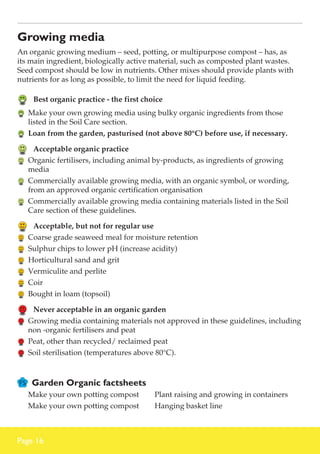 Growing media
An organic growing medium – seed, potting, or multipurpose compost – has, as
its main ingredient, biologically active material, such as composted plant wastes.
Seed compost should be low in nutrients. Other mixes should provide plants with
nutrients for as long as possible, to limit the need for liquid feeding.

	 Best organic practice - the first choice
	 Make your own growing media using bulky organic ingredients from those
listed in the Soil Care section.
	 Loan from the garden, pasturised (not above 80°C) before use, if necessary.

	 Acceptable organic practice
	 Organic fertilisers, including animal by-products, as ingredients of growing
media
	 Commercially available growing media, with an organic symbol, or wording,
from an approved organic certification organisation
	 Commercially available growing media containing materials listed in the Soil
Care section of these guidelines.

	 Acceptable, but not for regular use
	 Coarse grade seaweed meal for moisture retention
	 Sulphur chips to lower pH (increase acidity)
	 Horticultural sand and grit
	 Vermiculite and perlite
	 Coir
	 Bought in loam (topsoil)

	 Never acceptable in an organic garden
	 Growing media containing materials not approved in these guidelines, including
non -organic fertilisers and peat
	 Peat, other than recycled/ reclaimed peat
	 Soil sterilisation (temperatures above 80°C).
Garden Organic factsheets
Make your own potting compost 	
Make your own potting compost 	

Page 16

Plant raising and growing in containers
Hanging basket line

 