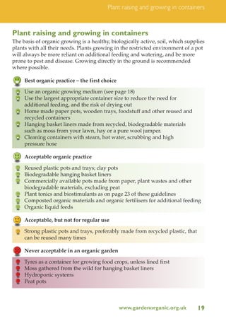 Plant raising and growing in containers

Plant raising and growing in containers
The basis of organic growing is a healthy, biologically active, soil, which supplies
plants with all their needs. Plants growing in the restricted environment of a pot
will always be more reliant on additional feeding and watering, and be more
prone to pest and disease. Growing directly in the ground is recommended
where possible.
Best organic practice – the first choice
Use an organic growing medium (see page 18)
Use the largest appropriate container size to reduce the need for
additional feeding, and the risk of drying out
Home made paper pots, wooden trays, foodstuff and other reused and
recycled containers
Hanging basket liners made from recycled, biodegradable materials
such as moss from your lawn, hay or a pure wool jumper.
Cleaning containers with steam, hot water, scrubbing and high
pressure hose
Acceptable organic practice
Reused plastic pots and trays; clay pots
Biodegradable hanging basket liners
Commercially available pots made from paper, plant wastes and other
biodegradable materials, excluding peat
Plant tonics and biostimulants as on page 23 of these guidelines
Composted organic materials and organic fertilisers for additional feeding
Organic liquid feeds
Acceptable, but not for regular use
Strong plastic pots and trays, preferably made from recycled plastic, that
can be reused many times
Never acceptable in an organic garden
Tyres as a container for growing food crops, unless lined first
Moss gathered from the wild for hanging basket liners
Hydroponic systems
Peat pots

www.gardenorganic.org.uk

19

 