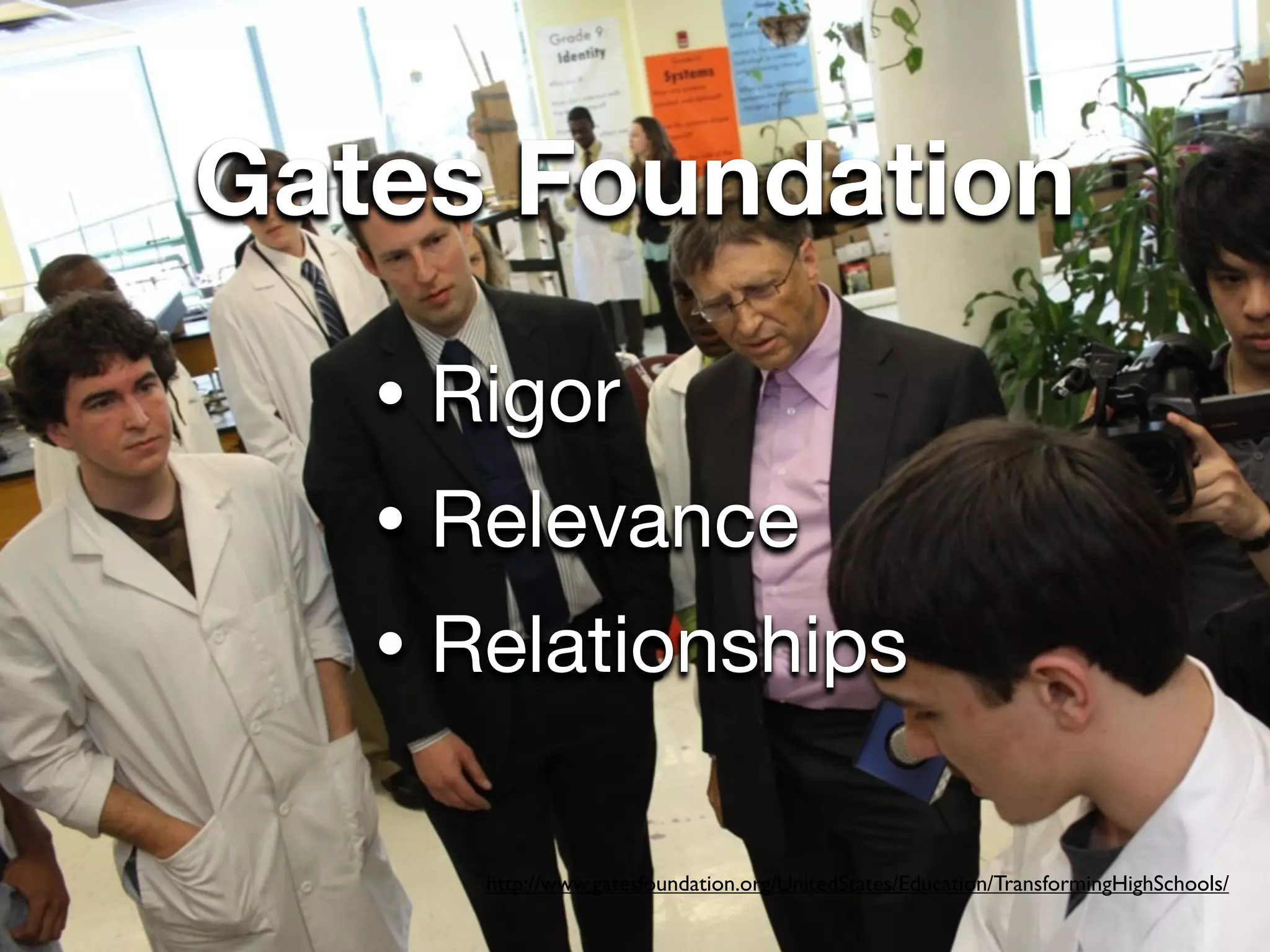 Gates Foundation
   •   Rigor
   •   Relevance
   •   Relationships

        http://www.gatesfoundation.org/UnitedStates/Education/TransformingHighSchools/
 