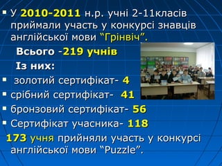  УУ 2010-20112010-2011 н.р. учні 2-11класівн.р. учні 2-11класів
приймали участь у конкурсі знавцівприймали участь у конкурсі знавців
англійської мовианглійської мови “Грінвіч”.“Грінвіч”.
ВсьогоВсього --219 учнів219 учнів
Із них:Із них:
 золотий сертифікат-золотий сертифікат- 44
 срібний сертифікат-срібний сертифікат- 4141
 бронзовий сертифікат-бронзовий сертифікат- 5656
 ССертифікат учасника-ертифікат учасника- 118118
173173 учняучня прийняли участь у конкурсіприйняли участь у конкурсі
англійської мови “Puzzle”.англійської мови “Puzzle”.
 