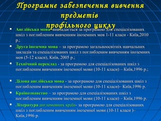 Програмне забезпечення вивченняПрограмне забезпечення вивчення
предметівпредметів
профільного циклупрофільного циклу Англійська моваАнглійська мова викладається за програмою для спеціалізованихвикладається за програмою для спеціалізованих
шкіл з поглибленим вивченням іноземних мов 1-11 класи - Київ,2010шкіл з поглибленим вивченням іноземних мов 1-11 класи - Київ,2010
р.;р.;
 Друга іноземна моваДруга іноземна мова – за програмою загальноосвітніх навчальних– за програмою загальноосвітніх навчальних
закладів та спеціалізованих шкіл з поглибленим вивченням іноземнихзакладів та спеціалізованих шкіл з поглибленим вивченням іноземних
мов (5-12 класи), Київ, 2005 р.;мов (5-12 класи), Київ, 2005 р.;
 Технічний перекладТехнічний переклад - за програмою для спеціалізованих шкіл з- за програмою для спеціалізованих шкіл з
поглибленим вивченням іноземної мови (10-11 класи) – Київ,1996 р.;поглибленим вивченням іноземної мови (10-11 класи) – Київ,1996 р.;
 Ділова англійська моваДілова англійська мова - за програмою для спеціалізованих шкіл з- за програмою для спеціалізованих шкіл з
поглибленим вивченням іноземної мови (10-11 класи)– Київ,1996 р.поглибленим вивченням іноземної мови (10-11 класи)– Київ,1996 р.
 КраїнознавствоКраїнознавство – за програмою для спеціалізованих шкіл з– за програмою для спеціалізованих шкіл з
поглибленим вивченням іноземної мови (10-11 класи) – Київ,1996 р.поглибленим вивченням іноземної мови (10-11 класи) – Київ,1996 р.
 ЛітератураЛітература англомовних країнангломовних країн- за програмою для спеціалізованих- за програмою для спеціалізованих
шкіл з поглибленим вивченням іноземної мови (10-11 класи )–шкіл з поглибленим вивченням іноземної мови (10-11 класи )–
Київ,1996 р.Київ,1996 р.
 