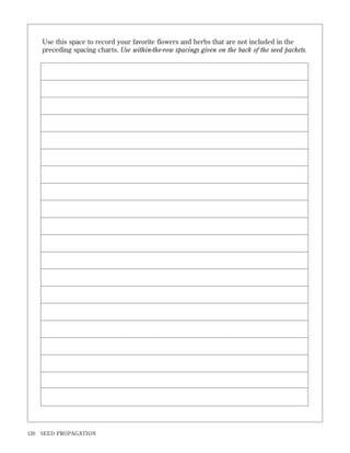 Use this space to record your favorite ﬂowers and herbs that are not included in the
preceding spacing charts. Use within-the-row spacings given on the back of the seed packets.

120

SEED PROPAGATION

 