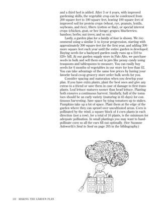 and a third bed is added. After 3 or 4 years, with improved
gardening skills, the vegetable crop can be condensed from
200 square feet to 100 square feet, leaving 100 square feet of
improved soil for protein crops (wheat, rye, peanuts, lentils,
soybeans, and rice), ﬁbers (cotton or ﬂax), or special interest
crops (chicken, goat, or bee forage; grapes; blueberries;
bamboo; herbs; nut trees; and so on).
Lastly, a garden plan for a family of four is shown. We recommend using a similar 3- to 4-year progression, starting with
approximately 300 square feet for the ﬁrst year, and adding 300
more square feet each year until the entire garden is developed.
Buying seeds for a backyard garden easily runs up a $10 to
$20+ bill. At our garden supply store in Palo Alto, we purchase
seeds in bulk and sell them out in jars like penny candy using
teaspoons and tablespoons to measure. You can easily buy
seeds for 6 months of vegetables in our store for less than $2.
You can take advantage of the same low prices by having your
favorite local co-op grocery store order bulk seeds for you.
Consider spacing and maturation when you develop your
plan. If you have extra plants, plant the best ones and give any
extras to a friend or save them in case of damage to ﬁrst transplants. Leaf lettuce matures sooner than head lettuce. Planting
both ensures a continuous harvest. Similarly, half of the tomatoes should be an early variety (maturing in 65 days) for continuous harvesting. Save space by tying tomatoes up to stakes.
Pumpkins take up a lot of space. Plant them at the edge of the
garden where they can sprawl over uncultivated areas. Corn is
pollinated by the wind; a square block of 4 corn plants in each
direction (not a row), for a total of 16 plants, is the minimum for
adequate pollination. In small plantings you may want to handpollinate corn so all the ears ﬁll out optimally. (See Suzanne
Ashworth’s Seed to Seed on page 205 in the bibliography.)

122

MAKING THE GARDEN PLAN

 