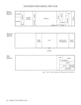 basil

carrots
cabbage

radishes

lettuce

potatoes

peas

broccoli

pumpkin

onions

regular
tomatoes

zucchini

cucumber

peppers

Spring
(Bed 1)

zinnias

ONE-PERSON MINI-GARDEN, FIRST YEAR

beets

Summer
(Bed 1)
bush
beans

corn

bush
beans

early corn—
first planting

cosmos

Fall
(Bed 1)

peas

lettuce
radishes
stocks
carrots

broccoli
and chard

calendulas
Scale: 5 ⁄ 16 inch = 1 foot. Growing bed is 100 square feet (5 by 20 feet).

128

MAKING THE GARDEN PLAN

 
