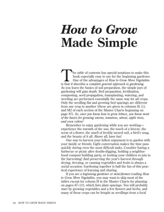 How to Grow
Made Simple

T

he table of contents has special notations to make this
book especially easy to use for the beginning gardener.
One of the advantages of How to Grow More Vegetables
is that it describes a complete general approach to gardening.
As you learn the basics of soil preparation, the simple joys of
gardening will gain depth. Bed preparation, fertilization,
composting, seed propagation, transplanting, watering, and
weeding are performed essentially the same way for all crops.
Only the seedling ﬂat and growing bed spacings are different
from one crop to another (these are given in columns H, L1,
and M2 of each section of the Master Charts beginning on
page 87). So, once you know how to grow lettuce, you know most
of the basics for growing onions, tomatoes, wheat, apple trees,
and even cotton!
Remember to enjoy gardening while you are working—
experience the warmth of the sun, the touch of a breeze, the
scent of a ﬂower, the smell of freshly turned soil, a bird’s song,
and the beauty of it all. Above all, have fun!
One way to harvest your fullest enjoyment is to garden with
your family or friends. Light conversation makes the time pass
quickly during even the most difﬁcult tasks. Consider having a
barbecue or picnic after double-digging, holding a neighborhood compost building party, or inviting your children to join in
the harvesting! And preserving the year’s harvest through
drying, freezing, or canning vegetables and fruits is always a
social occasion. Gardening together is half the fun of this practical experience of learning and sharing.
If you are a beginning gardener or mini-farmer reading How
to Grow More Vegetables, you may want to skip most of the
tables except for column H in the Master Charts for planning
on pages 87–115, which lists plant spacings. You will probably
start by growing vegetables and a few ﬂowers and herbs, and
many of these crops can be bought as seedlings from a local
xiv

HOW TO GROW MADE SIMPLE

 