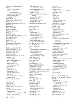 Maturity. See Master Charts
Melons
Master Charts, 92–95
soil temperature for
germination of, 83
temperature range for, 82
turning stems back, 71
watering, 74–75
Mesquite, 112–15
Mexican marigold, 149, 150
Mexico, 31
Microorganisms, x, 36, 37–38, 40
Milk, 104–7
Milk thistle, 189
Millet, 96–99, 186
Mini-farming, xvii
Mini-greenhouses, 78
Mint, 154
Mole plant, 154
Moon, planting by phases of, 71–74
Morning glory, 155
Mosquitoes, 163
Moths, 163
Mushrooms, 197
Muskmelons. See Melons
Mustard, 82, 92–95
Nasturtium, 118, 150, 154
Native Americans, 80, 197
Nectarines, 112–15, 182
Nematodes, 150, 193
Nettle, 154, 190
New Zealand spinach, 82, 92–95
Nitrogen (N)
excess of, 53
green manures and, 45
humus and, 47
importance of, 53
soil amendments, 53
test rating, 51
Nutrients
compost and, 35
indicators of, 199
initially adding, 23–24
loss of, 23
maintaining balance of, 24
meaning of, 4
Nutrition, 85–86, 180–81
Oak tree, 144
Oats, 96–99
Okra, 83, 92–95
Olives, 112–15, 182, 183, 213
Onions
as area-efﬁcient crop, 29
books on, 216
companions and antagonists, 152
Master Charts, 92–95
238

INDEX

soil temperature for
germination of, 83
temperature range for, 82
Oranges, 112–15
Oregano, 119, 144
Organic matter. See also Compost;
Humus
amount of, in soil, 47
deﬁnition of, 36
key functions of, 40, 53
Oriental poppy, 118
Out-of-print book sources, 197
Painted daisy, 118
Pansy, 118
Paper, 104–7, 175
Parsley
companions, 152
Master Charts, 92–95
soil temperature for
germination of, 83
spacing, 119
temperature range for, 82
Parsnips, 29, 82, 83, 92–95
Peaches, 112–15, 182, 183
Peanuts, 29, 96–99
Pears, 112–15, 182
Peas
companions and antagonists, 152
Master Charts, 92–95
soil temperature for
germination of, 83
temperature range for, 82
watering, 74–75
Pecans, 112–15, 182
Pennyroyal, 150
Peony, 118
Peppermint, 119, 155
Peppers, 82, 83, 92–95, 216
Permaculture, 197–98
Persimmons, 112–15
Pest control, 149–50, 157–64, 193–95
Pesticides, 6, 156, 162–64, 194, 195
Petunia, 118, 154
Pfeiffer, Ehrenreid, 143
pH, 57
Philippines, 31
Philosophy, 2, 198–99
Phlox, 118
Phosphate, soft, 54
Phosphate rock, 53
Phosphorus (P)
importance of, 53
soil amendments, 53–54
test rating, 51
Pigeon peas, 96–99
Pigweed, 155
Pineapple sage, 119

Pinks, 118
Pistachios, 112–15
Planting, 62–65
by phases of the moon, 71–74
in season, 81–83
Plants
health, 193
lice, 163
names 199
nutrient indicators, 199
propagation, 206
Plums, 112–15, 182, 183
Pomegranates, 112–15
Portulaca, 118
Potassium (K)
importance of, 53
soil amendments, 54
test rating, 51
Potato beetle, Colorado, 163
Potato bugs, 163
Potatoes
as area- and weight-efﬁcient
crop, 29
books on, 217
companions and antagonists, 152
Master Charts, 92–95
planting, 15
temperature range for, 82
Pot marigold, 155
Praying mantids, 159
Pricking out, 68–69
Protein source crops, 96–99
Pruning, 182, 199
Pumpkin
companions and antagonists, 152
Master Charts, 92–95
placing, 122
soil temperature for
germination of, 83
temperature range for, 82
turning stems back, 71
Purslane, 155
Quinoa, 96–99
Radishes, 82, 83, 92–95, 152
Rainfall, 79, 80. See also Watering
Raised beds
height of, 19
initial preparation of, 6, 7–8,
10–13, 14
ongoing preparation of, 7, 9
rows vs., 3–4
shaping, 58–59
square footage of, 7
walking on, 18
Raisins, 29, 108–11, 182
Rape, 96–99, 149, 173

 