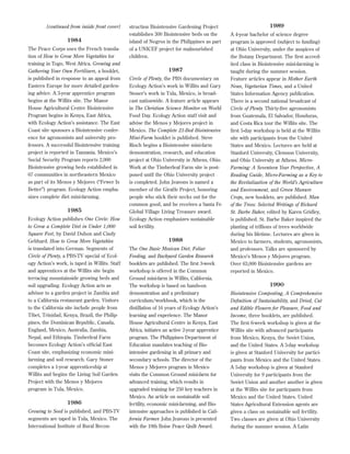 [continued from inside front cover]

1984
The Peace Corps uses the French translation of How to Grow More Vegetables for
training in Togo, West Africa. Growing and
Gathering Your Own Fertilizers, a booklet,
is published in response to an appeal from
Eastern Europe for more detailed gardening advice. A 3-year apprentice program
begins at the Willits site. The Manor
House Agricultural Centre Biointensive
Program begins in Kenya, East Africa,
with Ecology Action’s assistance. The East
Coast site sponsors a Biointensive conference for agronomists and university professors. A successful Biointensive training
project is reported in Tanzania. Mexico’s
Social Security Program reports 2,000
Biointensive growing beds established in
67 communities in northeastern Mexico
as part of its Menos y Mejores (“Fewer Is
Better”) program. Ecology Action emphasizes complete diet mini-farming.

1985
Ecology Action publishes One Circle: How
to Grow a Complete Diet in Under 1,000
Square Feet, by David Duhon and Cindy
Gebhard. How to Grow More Vegetables
is translated into German. Segments of
Circle of Plenty, a PBS-TV special of Ecology Action’s work, is taped in Willits. Staff
and apprentices at the Willits site begin
terracing mountainside growing beds and
soil upgrading. Ecology Action acts as
advisor to a garden project in Zambia and
to a California restaurant garden. Visitors
to the California site include people from
Tibet, Trinidad, Kenya, Brazil, the Philippines, the Dominican Republic, Canada,
England, Mexico, Australia, Zambia,
Nepal, and Ethiopia. Timberleaf Farm
becomes Ecology Action’s ofﬁcial East
Coast site, emphasizing economic minifarming and soil research. Gary Stoner
completes a 1-year apprenticeship at
Willits and begins the Living Soil Garden
Project with the Menos y Mejores
program in Tula, Mexico.

1986
Growing to Seed is published, and PBS-TV
segments are taped in Tula, Mexico. The
International Institute of Rural Recon-

struction Biointensive Gardening Project
establishes 300 Biointensive beds on the
island of Negros in the Philippines as part
of a UNICEF project for malnourished
children.

1987
Circle of Plenty, the PBS documentary on
Ecology Action’s work in Willits and Gary
Stoner’s work in Tula, Mexico, is broadcast nationwide. A feature article appears
in The Christian Science Monitor on World
Food Day. Ecology Action staff visit and
advise the Menos y Mejores project in
Mexico. The Complete 21-Bed Biointensive
Mini-Farm booklet is published. Steve
Rioch begins a Biointensive mini-farm
demonstration, research, and education
project at Ohio University in Athens, Ohio.
Work at the Timberleaf Farm site is postponed until the Ohio University project
is completed. John Jeavons is named a
member of the Giraffe Project, honoring
people who stick their necks out for the
common good, and he receives a Santa Fe
Global Village Living Treasure award.
Ecology Action emphasizes sustainable
soil fertility.

1988
The One Basic Mexican Diet, Foliar
Feeding, and Backyard Garden Research
booklets are published. The ﬁrst 3-week
workshop is offered in the Common
Ground mini-farm in Willits, California.
The workshop is based on hands-on
demonstration and a preliminary
curriculum/workbook, which is the
distillation of 16 years of Ecology Action’s
learning and experience. The Manor
House Agricultural Centre in Kenya, East
Africa, initiates an active 2-year apprentice
program. The Philippines Department of
Education mandates teaching of Biointensive gardening in all primary and
secondary schools. The director of the
Menos y Mejores program in Mexico
visits the Common Ground mini-farm for
advanced training, which results in
upgraded training for 250 key teachers in
Mexico. An article on sustainable soil
fertility, economic mini-farming, and Biointensive approaches is published in California Farmer. John Jeavons is presented
with the 19th Boise Peace Quilt Award.

1989
A 4-year bachelor of science degree
program is approved (subject to funding)
at Ohio University, under the auspices of
the Botany Department. The ﬁrst accredited class in Biointensive mini-farming is
taught during the summer session.
Feature articles appear in Mother Earth
News, Vegetarian Times, and a United
States Information Agency publication.
There is a second national broadcast of
Circle of Plenty. Thirty-ﬁve agronomists
from Guatemala, El Salvador, Honduras,
and Costa Rica tour the Willits site. The
ﬁrst 5-day workshop is held at the Willits
site with participants from the United
States and Mexico. Lectures are held at
Stanford University, Clemson University,
and Ohio University at Athens. MicroFarming: A Seventeen Year Perspective, A
Reading Guide, Micro-Farming as a Key to
the Revitalization of the World’s Agriculture
and Environment, and Green Manure
Crops, new booklets, are published. Man
of the Trees: Selected Writings of Richard
St. Barbe Baker, edited by Karen Gridley,
is published. St. Barbe Baker inspired the
planting of trillions of trees worldwide
during his lifetime. Lectures are given in
Mexico to farmers, students, agronomists,
and professors. Talks are sponsored by
Mexico’s Menos y Mejores program.
Over 63,000 Biointensive gardens are
reported in Mexico.

1990
Biointensive Composting, A Comprehensive
Deﬁnition of Sustainability, and Dried, Cut
and Edible Flowers for Pleasure, Food and
Income, three booklets, are published.
The ﬁrst 6-week workshop is given at the
Willits site with advanced participants
from Mexico, Kenya, the Soviet Union,
and the United States. A 5-day workshop
is given at Stanford University for participants from Mexico and the United States.
A 5-day workshop is given at Stanford
University for 9 participants from the
Soviet Union and another another is given
at the Willits site for particpants from
Mexico and the United States. United
States Agricultural Extension agents are
given a class on sustainable soil fertility.
Two classes are given at Ohio University
during the summer session. A Latin

 