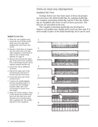 TYPES OF DEEP SOIL PREPARATION
Simpliﬁed Side Views
Ecology Action uses four basic types of deep soil preparation processes: the initial double-dig, the ongoing double-dig,
the complete texturizing double-dig, and the U-bar dig. Following are simpliﬁed side views of each of these processes. The
ﬁrst two are described in the text.
The complete texturizing double-dig was developed to
improve soil quality more rapidly and is used one time only. It is
used usually in place of the initial double-dig, but it can be used
Initial Double-Dig
1. When the soil is lightly moist,
loosen the top 12 inches of the
entire area to be dug with a
spading fork, and remove any
weeds.
2. Spread a 1-inch layer of compost
over the entire area to be dug
(after mixing in a 1-inch layer of
sand or clay 12 inches deep;
optional, see page 8).
3. Remove the soil from the upper
part of the ﬁrst trench, and place
it in a soil storage area for use in
making compost and ﬂat soil.
4. Loosen the soil an additional
12 inches.
5. Dig out the upper part of the
second trench, and move it
forward into the ﬁrst trench.
6. Loosen the lower part of the
second trench.
7. Continue the double-digging
process (repeating steps 3, 4,
5, and 6) for the remaining
trenches. Rake after each
3–4 trenches to ensure even
bed height.
8. Shape the bed by raking it. Then
evenly spread any needed fertilizers over the entire area, and
sift them in 2 to 4 inches deep
with a spading fork. The doubledug bed is now completed.

14

BED PREPARATION

1.

2.

3.

4.

5.

6.

7.

8.

 