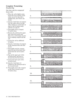 Complete Texturizing
Double-Dig
One time only for compacted
heavy soils.
1. When the soil is lightly moist,
loosen the top 12 inches of the
entire area to be dug with a
spading fork, and remove any
weeds.
2. Spread a 1-inch layer of compost
over the entire area to be dug
(after mixing in a 1-inch layer of
sand or clay 12 inches deep;
optional, see page 8).
3. Thoroughly mix in compost
12 inches deep.
4. Remove the soil from the upper
part of the ﬁrst trench and
place it in a soil storage area for
use in making compost and ﬂat
soil.
5. Loosen the soil an additional
12 inches.
6. Spread a 1-inch layer of compost
on the loosened soil in the ﬁrst
trench.
7. Thoroughly mix the compost
placed on top of the lower ﬁrst
trench into the soil 12 inches
deep.
8. Dig out the upper part of the
second trench, and move it
forward into the ﬁrst trench.
9. Loosen the lower part of the
second trench.
10. Spread a 1-inch layer of
compost on the loosened soil in
the second trench.
11. Thoroughly mix in the compost
on the lower second trench
12 inches deep.

1.

2.

3.

4.

5.

6.

7.

8.

9.

10.

11.

16

BED PREPARATION

 