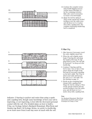 12.

13.

12. Continue the complete texturizing double-digging process
(repeat steps 8 through 11)
for the remaining trenches.
Rake after each 3–4 trenches
to ensure even bed height.
13. Shape the bed by raking it.
Then evenly spread any needed
fertilizers over the entire area,
and sift them in 2 to 4 inches
deep with a spading fork. The
complete texturizing double-dug
bed is completed.

U-Bar Dig
1.

2.

3.

4.

indicates. U-barring is quicker and easier than using a spade
and a spading fork, though some knowledge of how your soil is
improving, or not improving, is lost with the decreased personal
contact with the soil. (For detailed plans on how to build a
U-bar, see Ecology Action’s Backyard Homestead, Mini-Farm and
Garden Log Book.) At Ecology Action, we prefer to double-dig,
as we learn more from it and stay more in touch with the soil.

1. After harvest, if necessary, weed
the entire slightly raised bed.
2. When the soil is lightly moist,
begin U-barring the soil along
the length of the bed. No digging board is used. The soil will
be loosened 3 ⁄ 4 as deep as in the
double-dig.
3. Continue U-barring until the
bed is done. Two or three U-bar
passes along the length of the
bed may be necessary epending
on the bed’s width. The U-bar is
about 2 feet wide and loosens
the soil 2 to 2 1 ⁄ 2 feet wide. See
the drawing on page 13.
4. Break up any remaining large
clumps with a spading fork.
Shape the bed by raking it. Then
evenly spread compost and any
needed fertilizers over the entire
area, and sift them in 2 to 4
inches deep with a spading fork.
Note
See Backyard Homestead, Mini-Farm
and Garden Log Book on the proper
techniques for using a U-bar.

BED PREPARATION

17

 