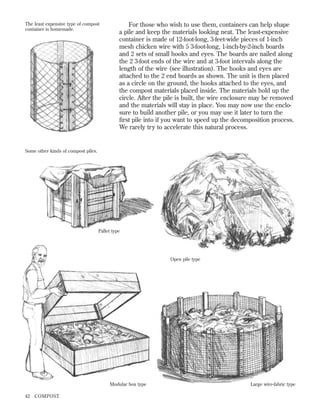 The least expensive type of compost
container is homemade.

For those who wish to use them, containers can help shape
a pile and keep the materials looking neat. The least-expensive
container is made of 12-foot-long, 3-feet-wide pieces of 1-inch
mesh chicken wire with 5 3-foot-long, 1-inch-by-2-inch boards
and 2 sets of small hooks and eyes. The boards are nailed along
the 2 3-foot ends of the wire and at 3-foot intervals along the
length of the wire (see illustration). The hooks and eyes are
attached to the 2 end boards as shown. The unit is then placed
as a circle on the ground, the hooks attached to the eyes, and
the compost materials placed inside. The materials hold up the
circle. After the pile is built, the wire enclosure may be removed
and the materials will stay in place. You may now use the enclosure to build another pile, or you may use it later to turn the
ﬁrst pile into if you want to speed up the decomposition process.
We rarely try to accelerate this natural process.

Some other kinds of compost piles.

Pallet type

Open pile type

Modular box type
42

COMPOST

Large wire-fabric type

 