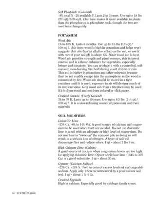 Soft Phosphate (Colloidal)
~8% total P; ~2% available P. Lasts 2 to 3 years. Use up to 18 lbs
(2 2⁄ 3 qt)/100 sq ft. Clay base makes it more available to plants
than the phosphorus in phosphate rock, though the two are
used interchangeably.
POTASSIUM
Wood Ash
1% to 10% K. Lasts 6 months. Use up to 1.5 lbs (1 3 ⁄ 4 qt)/
100 sq ft. Ash from wood is high in potassium and helps repel
maggots. Ash also has an alkaline effect on the soil, so use it
with care if your soil pH is above 6.5. Black wood ash is best.
Wood ash provides strength and plant essence, aids in insect
control, and is a ﬂavor enhancer for vegetables, especially
lettuce and tomatoes. You can produce it with a controlled, soilcovered, slow-burning ﬁre built during a soft drizzle or rain.
This ash is higher in potassium and other minerals because
they do not readily escape into the atmosphere as the wood is
consumed by ﬁre. Wood ash should be stored in a tight
container until it is used; exposure to air will destroy much of
its nutrient value. Grey wood ash from a ﬁreplace may be used
if it is from wood and not from colored or slick paper.
Crushed Granite (Finely Ground)
3% to 5% K. Lasts up to 10 years. Use up to 8.5 lbs (3 1 ⁄ 2 qt)/
100 sq ft. It is a slow-releasing source of potassium and trace
minerals.
SOIL MODIFIERS
Dolomitic Lime
~25% Ca. ~6% to 14% Mg. A good source of calcium and magnesium to be used when both are needed. Do not use dolomitic
lime in a soil with an adequate or high level of magnesium. Do
not use lime to “sweeten” the compost pile as doing so will
result in a serious loss of nitrogen. A layer of soil will
discourage ﬂies and reduce odors. 1 qt = about 3 lbs 8 oz.
High Calcium Lime (Calcite)
A good source of calcium when magnesium levels are too high
for applying dolomitic lime. Oyster shell ﬂour lime (~34% to 36%
Ca) is a good substitute. 1 qt = about 30 oz.
Gypsum (Calcium Sulfate)
~23% Ca. ~19% S. Used to correct excess levels of exchangeable
sodium. Apply only when recommended by a professional soil
test. 1 qt = about 1 lb 4 oz.
Crushed Eggshells
High in calcium. Especially good for cabbage family crops.
54

FER TILIZATION

 