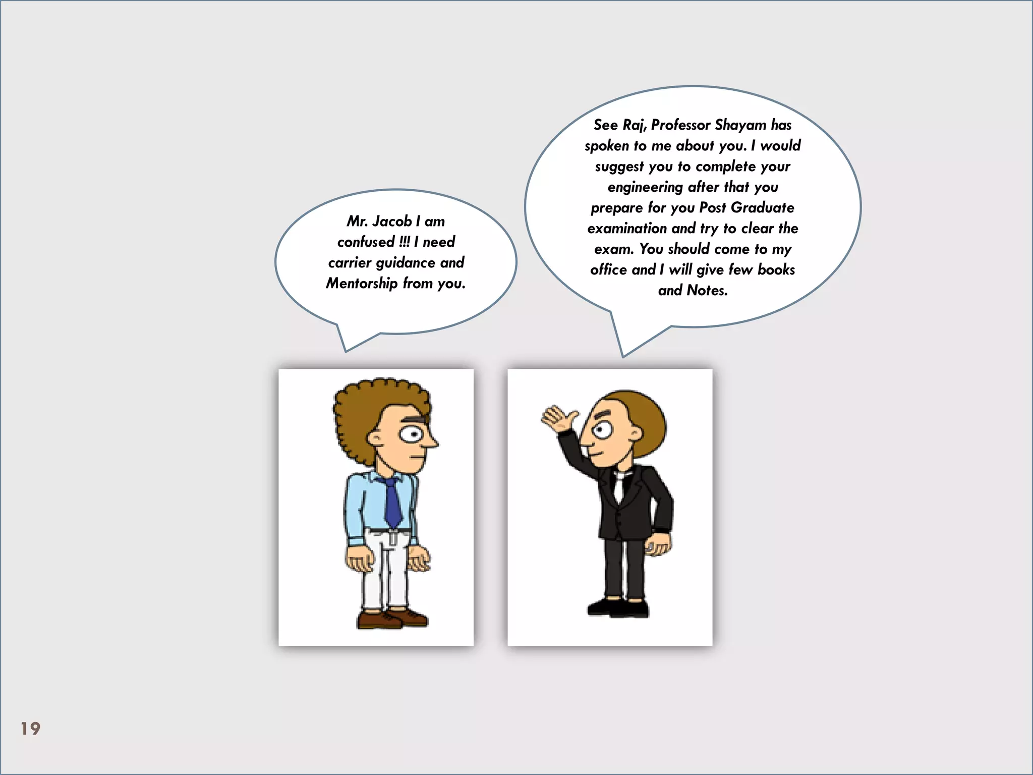 See Raj, Professor Shayam has
spoken to me about you. I would
suggest you to complete your
engineering after that you
prepare for you Post Graduate
examination and try to clear the
exam. You should come to my
office and I will give few books
and Notes.
Mr. Jacob I am
confused !!! I need
carrier guidance and
Mentorship from you.
19
 