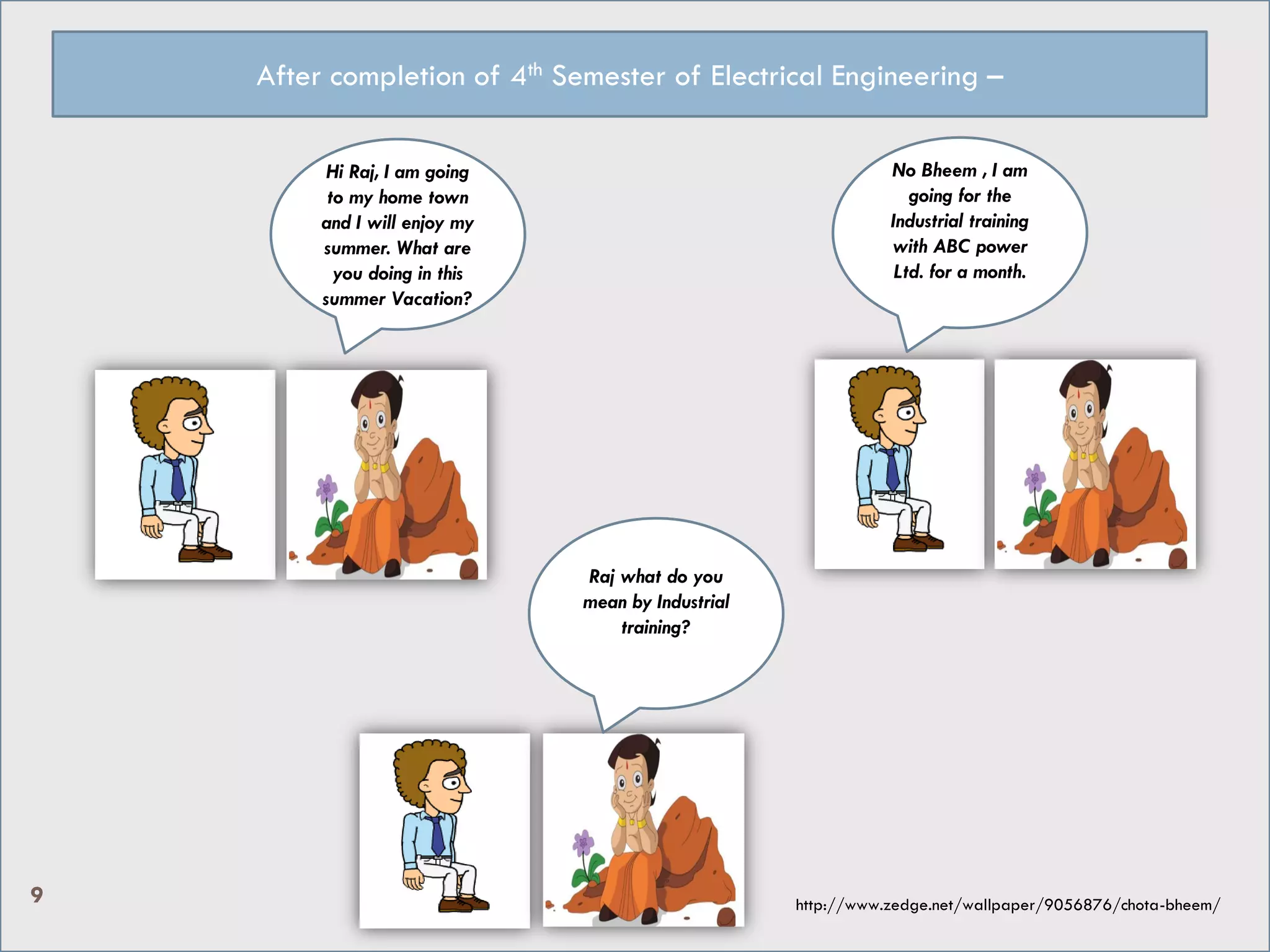 Hi Raj, I am going
to my home town
and I will enjoy my
summer. What are
you doing in this
summer Vacation?
No Bheem , I am
going for the
Industrial training
with ABC power
Ltd. for a month.
Raj what do you
mean by Industrial
training?
After completion of 4th Semester of Electrical Engineering –
http://www.zedge.net/wallpaper/9056876/chota-bheem/9
 