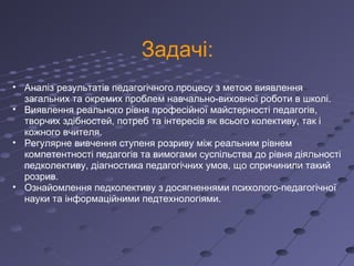Задачі: Аналіз результатів педагогічного процесу з метою виявлення загальних та окремих проблем навчально-виховної роботи в школі. Виявлення реального рівня професійної майстерності педагогів, творчих здібностей, потреб та інтересів як всього колективу, так і кожного вчителя. Регулярне вивчення ступеня розриву між реальним рівнем компетентності педагогів та вимогами суспільства до рівня діяльності педколективу, діагностика педагогічних умов, що спричинили такий розрив. Ознайомлення педколективу з досягненнями психолого-педагогічної науки та інформаційними педтехнологіями. 