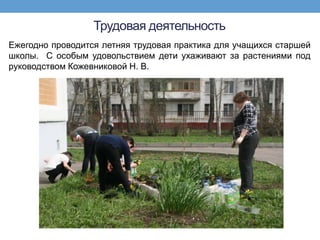 Трудовая деятельность
Ежегодно проводится летняя трудовая практика для учащихся старшей
школы. С особым удовольствием дети ухаживают за растениями под
руководством Кожевниковой Н. В.
 