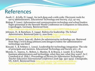 ReferencesAwalt, C., & Jolly, D. (1999). An inch deep and a mile wide: Electronic tools for savvy administrators. Educational Technology and Society, 2(3), 97-105.Bishop, P. (2001). Information and communication technology and school leaders. Paper presented at the Seventh World Conference on Computers in Education, Copenhagen, Germany. Retrieved from http://www.acs.org.au/documents/public/crpit/CRPITV8Bishop.pdfJohnson, D., & Bartelson, E. (1999). Rubrics for leadership. The School Administrator. Retrieved June 17, 2010 from http://www.doug-johnson.com/dougwri/rubrics-for-leadership.htmlJohnson, D. (2007, June 16). Rubric for administrative technology use. Retrieved from http://www.doug-johnson.com/dougwri/rubric-for-administrative-technology-use.html Kincaid, T., & Feldner, L. (2002). Leadership for technology integration: The role of principals and mentors. Educational Technology and Society 5(1), 1-8.Morote, E., Inserra, A., Bolton, J., Manley, R. & Brucia, J. (2006). K-12 School business administrators and technology, what they use; what they want?. In C. Crawford et al. (Eds.), Proceedings of Society for Information Technology & Teacher Education International Conference 2006 (pp. 3517-3523). Chesapeake, VA: AACE. Retrieved from http://74.125.155.132/scholar?q=cache:ra-2ZNCQsqIJ:scholar.google.com/&hl=en&as_sdt=10000000000000