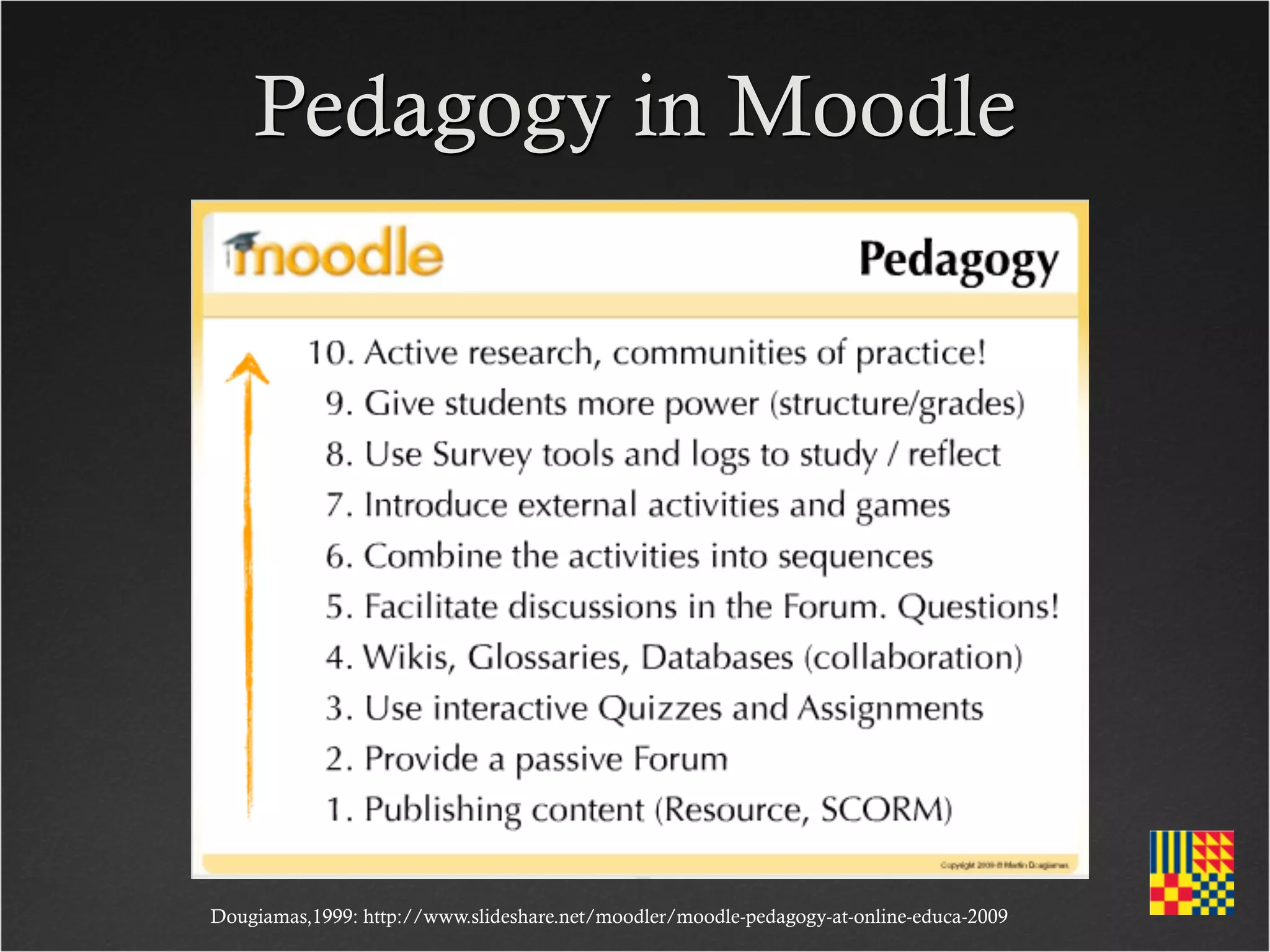 Pedagogy in Moodle




Dougiamas,1999: http://www.slideshare.net/moodler/moodle-pedagogy-at-online-educa-2009
 