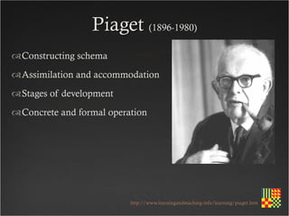 Piaget (1896-1980)
Constructing schema
Assimilation and accommodation
Stages of development
Concrete and formal operation




                          http://www.learningandteaching.info/learning/piaget.htm
 