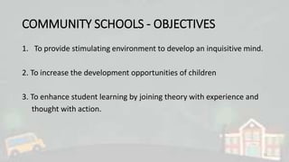 COMMUNITY SCHOOLS - OBJECTIVES
1. To provide stimulating environment to develop an inquisitive mind.
2. To increase the development opportunities of children
3. To enhance student learning by joining theory with experience and
thought with action.
11
 