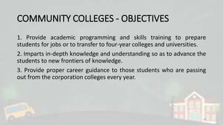 COMMUNITY COLLEGES - OBJECTIVES
1. Provide academic programming and skills training to prepare
students for jobs or to transfer to four-year colleges and universities.
2. Imparts in-depth knowledge and understanding so as to advance the
students to new frontiers of knowledge.
3. Provide proper career guidance to those students who are passing
out from the corporation colleges every year.
14
 