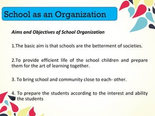 Aims and Objectives of School Organization
1.The basic aim is that schools are the betterment of societies.
2.To provide e...