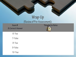 Wrap-Up
                   (Review of Pre-Assessment):
     Item #                           Thing(s) to Note:
& Correct Answer

     6- True
    7- False
     8- True
    9- False
    10- True
 
