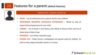 Features for a parent consist of:
• HOME – List of notifications for a parent and for own children
• GRADEBOOK, INCIDENTS, SCHEDULER, ATTENDANCE – Allows to view all
aspect of learning process for own child
• LIBRARY – List of books in the library with ability to discuss them and list of
books what children have
• PAYMENTS – List of fees required to pay
• SCHOOL LIFE – Public forums, marketplace and special clubs for children. As
well as news, blogs and public events in a school
 