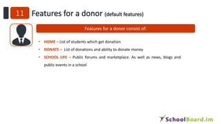 Features for a donor consist of:
• HOME – List of students which get donation
• DONATE – List of donations and ability to donate money
• SCHOOL LIFE – Public forums and marketplace. As well as news, blogs and
public events in a school
 