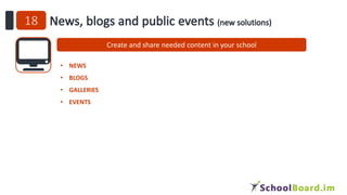 Create and share needed content in your school
• NEWS
• BLOGS
• GALLERIES
• EVENTS
 