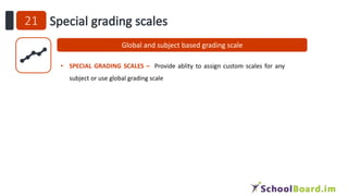 Global and subject based grading scale
• SPECIAL GRADING SCALES – Provide ablity to assign custom scales for any
subject or use global grading scale
 