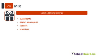 List of additional settings
• CLASSROOMS
• GRADES AND GROUPS
• SUBJECTS
• SEMESTERS
 