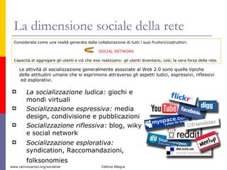 La dimensione sociale della rete La socializzazione ludica:  giochi e mondi virtuali  Socializzazione espressiva:  media design, condivisione e pubblicazioni  Socializzazione riflessiva : blog, wiky e social network  Socializzazione esplorativa:  syndication, Raccomandazioni, folksonomies   Considerata come una realtà generata dalla collaborazione di tutti i suoi fruitori/costruttori. SOCIAL NETWORK Capacità di aggregare gli utenti e ciò che essi realizzano: gli utenti diventano, così, la vera forza della rete. Le attività di socializzazione generalmente associate al Web 2.0 sono quelle tipiche delle attitudini umane che si esprimono attraverso gli aspetti ludici, espressivi, riflessivi  ed esplorativi. 