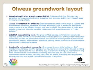    Coordinate with other schools in your district: Students will do best if they receive
    consistent bullying prevention training throughout their schooling as they move through grade
    levels and among schools.

   Assess the extent of the problem: Administer separate school wide surveys to students and
    staff members to identify prevalence, attitudes, knowledge, gaps in perception, and specific
    areas or aspects of the problem that you may need to target, such as locations or times when
    bullying occurs most often and particular concerns such as sexual harassment or "cyber
    bullying.“

   Establish a coordinating team. This group will help develop and implement school wide
    activities. Select individuals who are knowledgeable about the issue and respected in the school
    community and who are good communicators and consensus builders (include a mental health
    professional, parents, and students). A separate specially trained team should provide intensive
    interventions to individual students.


   Involve the entire school community: Be prepared for some initial resistance. Staff
    members may not see a need for a program or may feel overwhelmed at the thought of adding
    yet another objective to the year. Students may be skeptical if bullying has persisted for a long
    time. Parents may be concerned about diverting resources from the core curriculum or
    unconvinced that all students, including their child, will benefit by learning anti-bullying skills.
    Elicit regular input and provide consistent information to all groups.




                                            Source:http://www.nasponline.org/resources/principals/nassp_bullying.aspx
 
