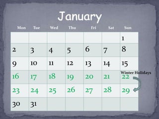 Mon   Tue   Wed   Thu       Fri       Sat   Sun

                                                1
2         3     4     5     6         7         8
9         10    11    12    13        14        15
16        17    18    19    20        21        22
23        24    25    26    27        28        29
30        31
 