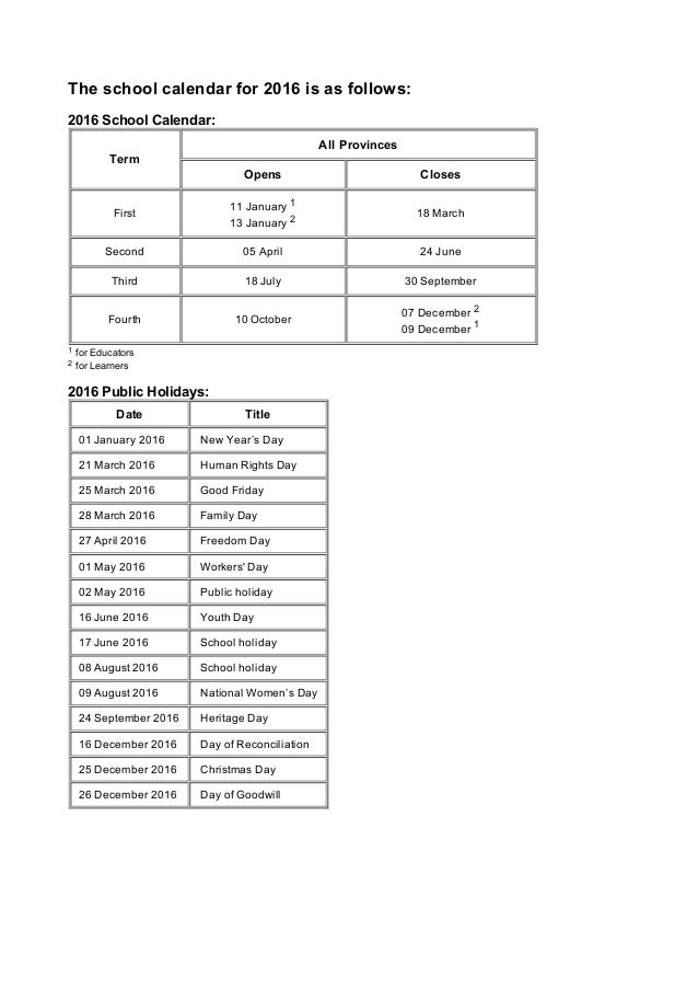 South African School Calendar For 2016 South African School Calendar For 2016
