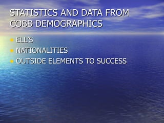 STATISTICS AND DATA FROM COBB DEMOGRAPHICS ELL ’S NATIONALITIES OUTSIDE ELEMENTS TO SUCCESS 