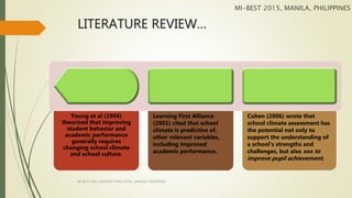 LITERATURE REVIEW…
Young et al (1994)
theorized that improving
student behavior and
academic performance
generally requires
changing school climate
and school culture.
Learning First Alliance
(2001) cited that school
climate is predictive of,
other relevant variables,
including improved
academic performance.
Cohen (2006) wrote that
school climate assessment has
the potential not only to
support the understanding of
a school's strengths and
challenges, but also xxx to
improve pupil achievement.
MI-BEST 2015, MANILA, PHILIPPINES
MI-BEST 2015, CENTURY PARK HOTEL, MANILA, PHILIPPINES
 