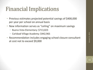 Financial Implications
• Previous estimates projected potential savings of $400,000
  per year per school on annual basis
• New information serves as “ceiling” on maximum savings
  • Buena Vista Elementary: $713,023




                                                               January 11, 2012
  • Carlsbad Village Academy: $442,965
• Recommendation includes engaging school closure consultant
  at cost not to exceed $9,000




                                                               11
 