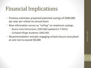 Financial Implications
• Previous estimates projected potential savings of $400,000
  per year per school on annual basis
• New information serves as “ceiling” on maximum savings
  • Buena Vista Elementary: $587,066 (updated 2-7-2012)




                                                               February 7, 2012
  • Carlsbad Village Academy: $442,965
• Recommendation includes engaging school closure consultant
  at cost not to exceed $9,000




                                                               11
 