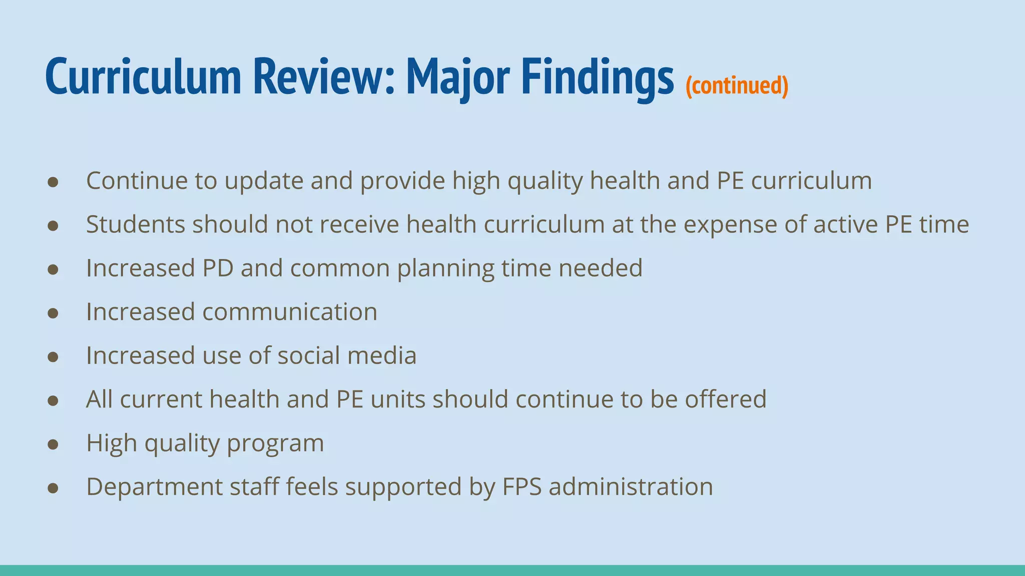 Curriculum Review: Major Findings (continued)
● Continue to update and provide high quality health and PE curriculum
● Students should not receive health curriculum at the expense of active PE time
● Increased PD and common planning time needed
● Increased communication
● Increased use of social media
● All current health and PE units should continue to be oﬀered
● High quality program
● Department staﬀ feels supported by FPS administration
 