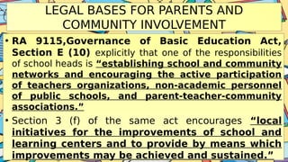 LEGAL BASES FOR PARENTS AND
COMMUNITY INVOLVEMENT
• RA 9115,Governance of Basic Education Act,
Section E (10) explicitly that one of the responsibilities
of school heads is “establishing school and community
networks and encouraging the active participation
of teachers organizations, non-academic personnel
of public schools, and parent-teacher-community
associations.”
• Section 3 (f) of the same act encourages “local
initiatives for the improvements of school and
learning centers and to provide by means which
improvements may be achieved and sustained.”
 