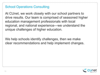 School Operations Consulting

At CUnet, we work closely with our school partners to
drive results. Our team is comprised of seasoned higher
education management professionals with local
regional, and national experience—we understand the
unique challenges of higher education.

We help schools identify challenges, then we make
clear recommendations and help implement changes.




19
 