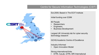 Est.2009, Based in The ECIT Institute
Initial funding over £30M
80 People
• Researchers
• Engineers
• Business Development
Largest UK University lab for cyber security
technology research
GCHQ Academic Centre of Excellence
Industry Informed
• Open Innovation Model
Strong international links
• ETRI, CyLab, GTRI, SRI International
Centre for Secure Information Technologies (CSIT)
 