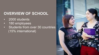 OVERVIEW OF SCHOOL
• 2000 students
• 180 employees
• Students from over 30 countries
(15% international)
 